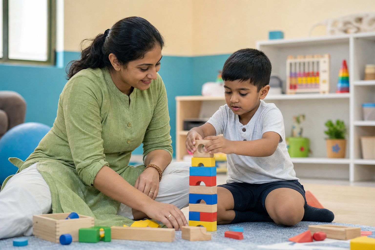 Special educator sitting with a young child stacking colourful wooden blocks in a bright therapy room