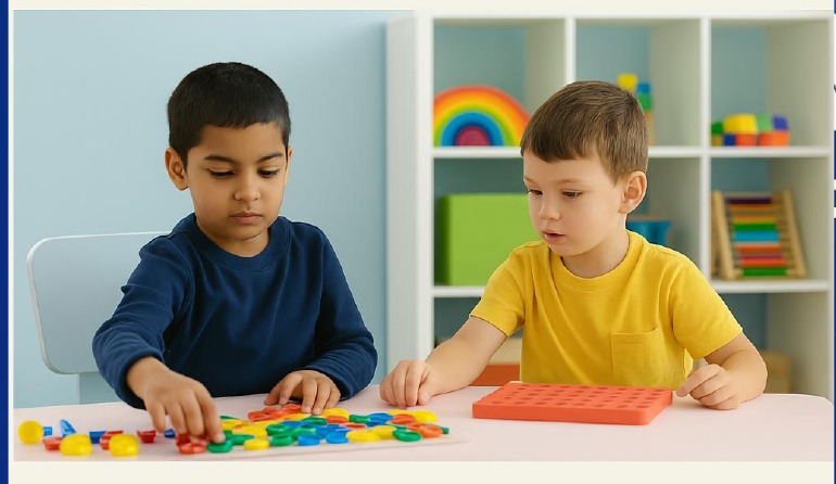 Two children engaged in fine-motor learning activities with colourful educational materials