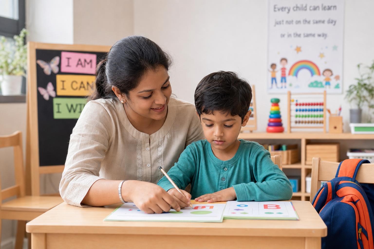 Special educator helping a child practise school-readiness skills at a classroom desk with workbook and backpack