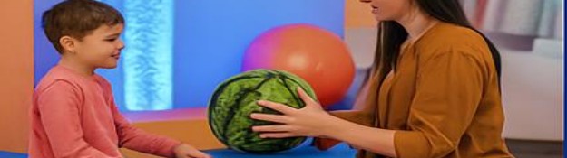 Therapist and child working together with a therapy ball in a supportive session